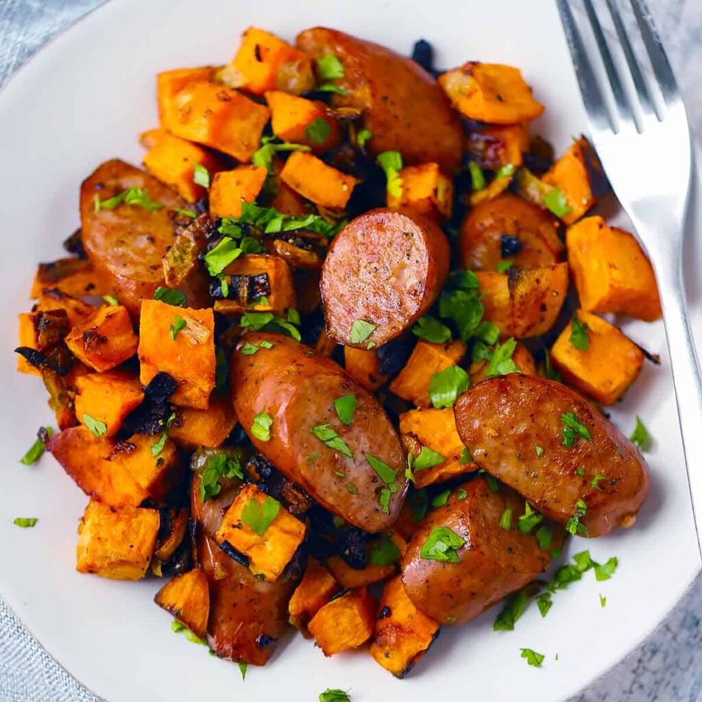 Sheet Pan Sausage And Sweet Potatoes