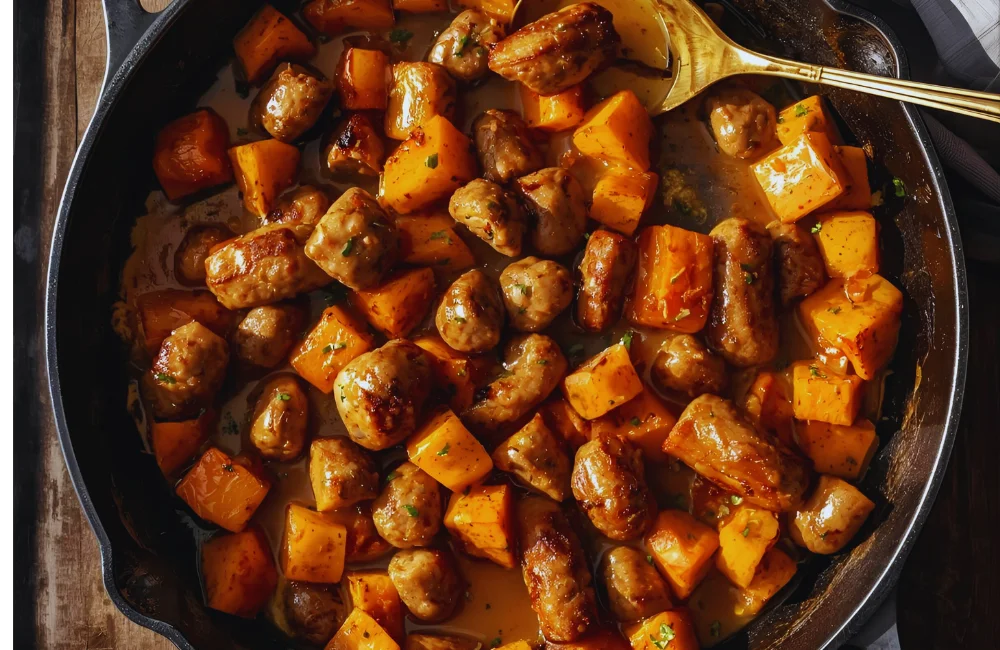 Sheet Pan Sausage and Sweet Potatoes with Honey Garlic Sauce