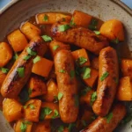 Sheet Pan Sausage and Sweet Potatoes with Honey Garlic Sauce