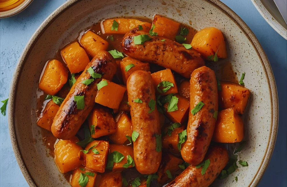 Sheet Pan Sausage and Sweet Potatoes with Honey Garlic Sauce