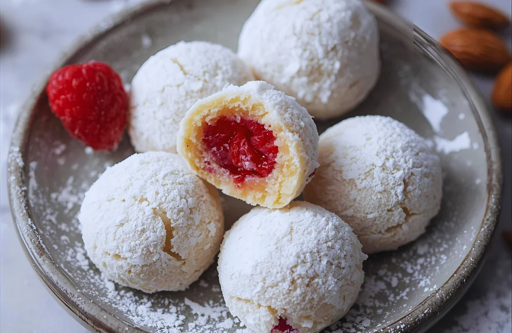 Raspberry Filled Almond Snowball Cookies