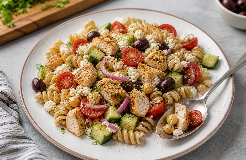 High Protein Greek Pasta Salad